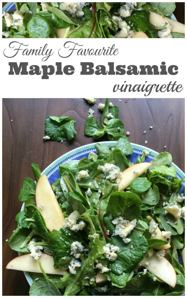 Family Favourite Maple Balsamic Vinaigrette - Stuck in a salad rut? Get out of it with this family favourite maple balsamic vinaigrette. The perfect vinaigrette for this salad that is made with crisp seasonal greens, apple slices and sharp blue cheese. Ban boring salads! | Salad Recipe | Family Friendly Recipe | Seasonal Recipe | Vegetarian Recipe | 