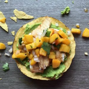 fish tostada with peach salsa