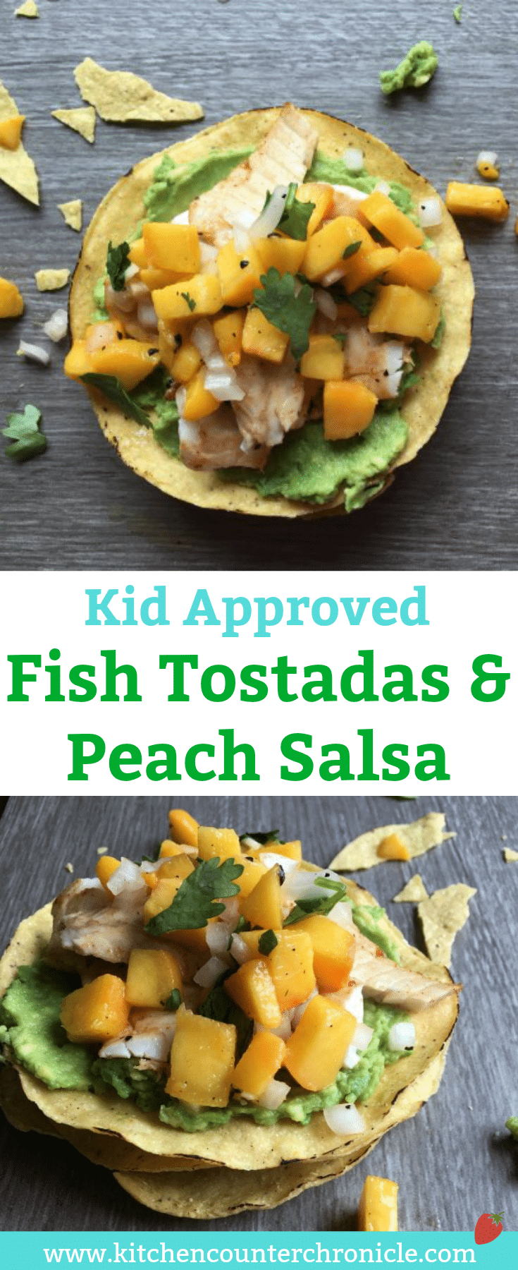 Fish Tostadas and Peach Salsa - A deliciously simple way to get the kids to eat fish! White fish and peach salsa make these taco/tostadas a hit with families. | Taco Recipes | Peach Salsa Recipe | Family Dinner Recipes | Seafood Recipes |