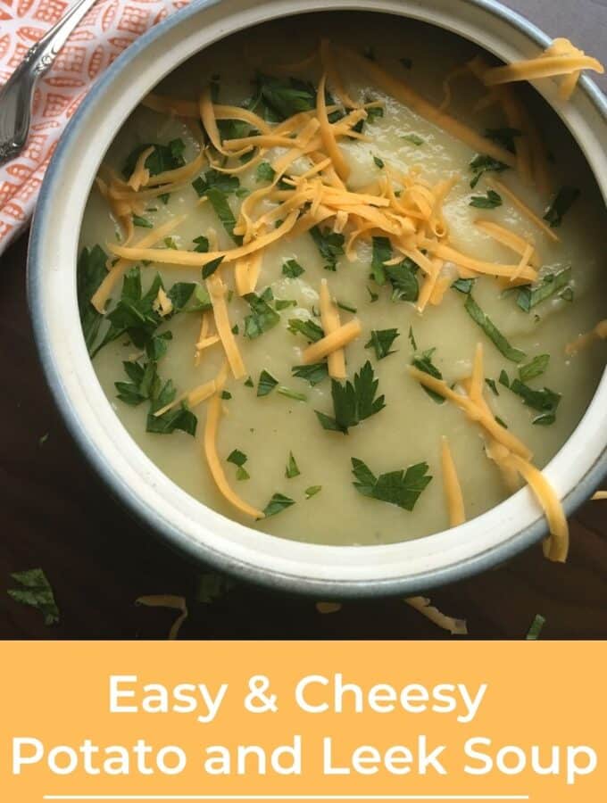 bowl of cheesy potato and leek soup recipe with title slide