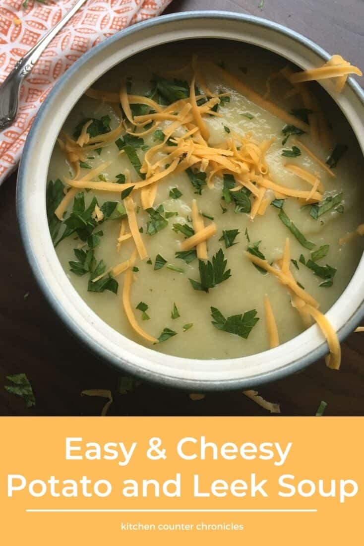 bowl of cheesy potato and leek soup recipe with title slide