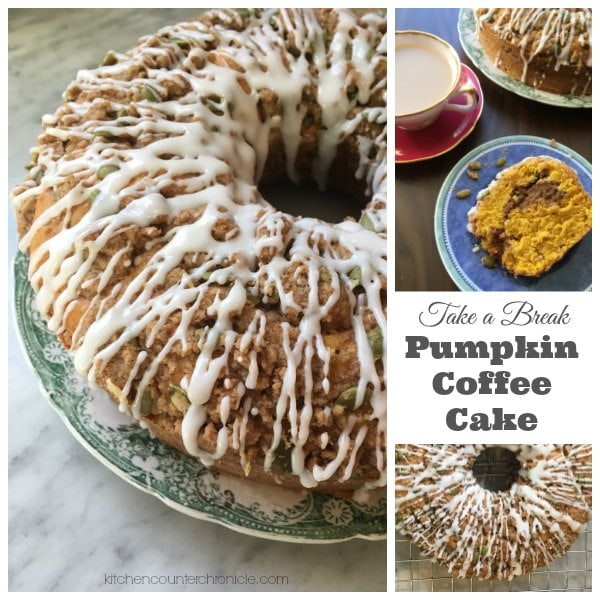 Pumpkin Coffee Cake with glaze - A delicious recipe for pumpkin coffee cake. Topped with a pumpkin spiced streusel and vanilla glaze. A delightful fall recipe. | Fall Recipe | Pumpkin Spice Recipe | Pumpkin Recipe | Coffee Cake Recipe |