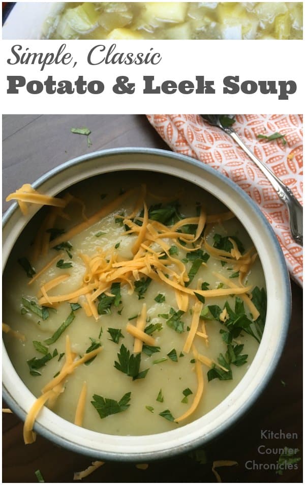 bowl of potato and leek soup recipe with title 