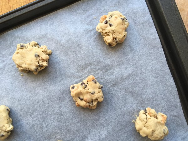 Chewy Chocolate Chip Cookies raw dough on baking sheet