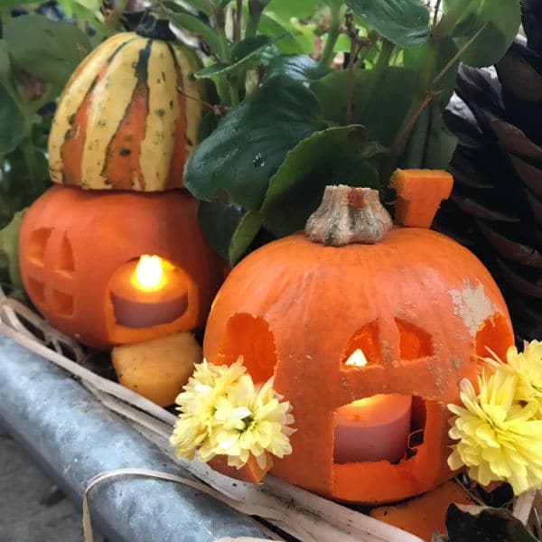 2 little pumpkin fairy houses in garden