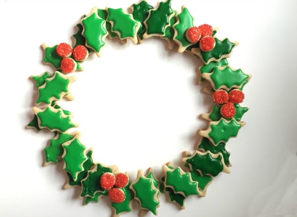 christmas cookie wreath with red holly berries
