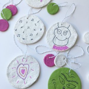 Grinch salt dough ornaments on table top