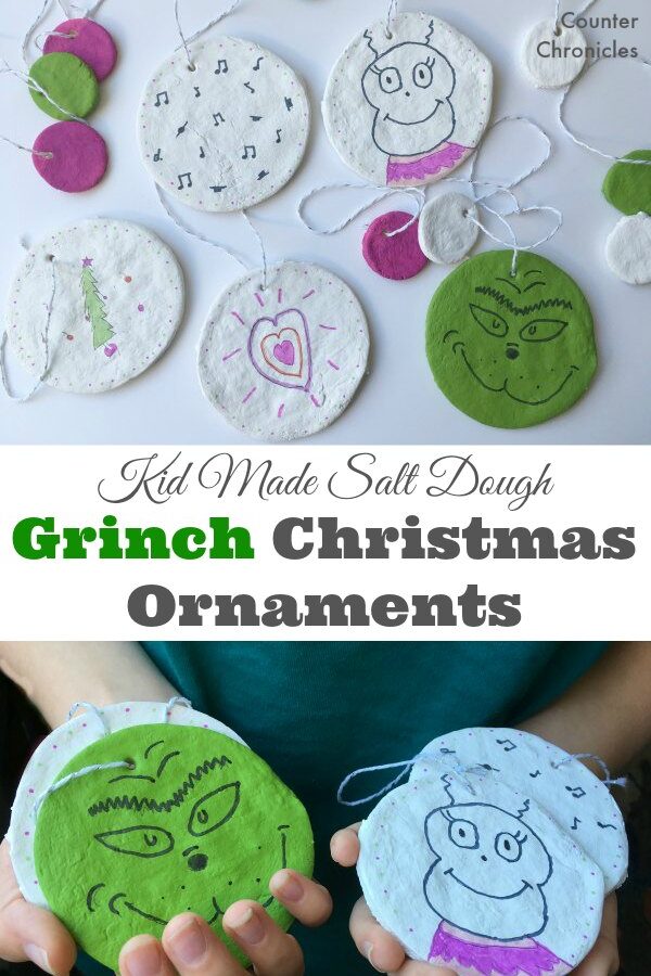 Kid Made Salt Dough Grinch Christmas Ornaments - Decorate the tree with these simple Grinch inspired ornaments. Based on the classic book and using a quick salt dough recipe. Let the kids be creative this holiday. | Kid Made Christmas Ornaments | Christmas Ornament | Salt Dough Recipe | Grinch Ornaments | Cindy Lou Who |
