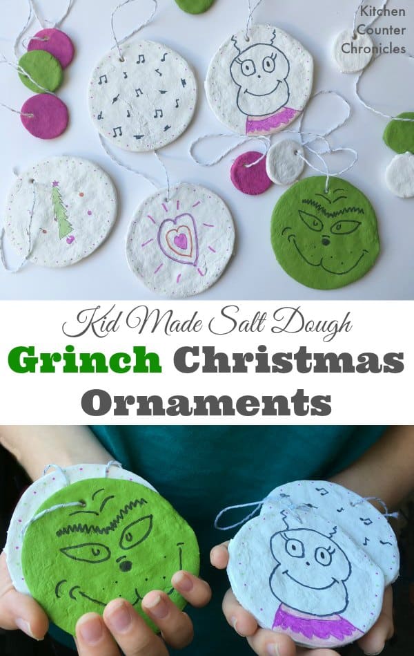 Kid Made Salt Dough Grinch Christmas Ornaments - Decorate the tree with these simple Grinch inspired ornaments. Based on the classic book and using a quick salt dough recipe. Let the kids be creative this holiday. | Kid Made Christmas Ornaments | Christmas Ornament | Salt Dough Recipe | Grinch Ornaments | Cindy Lou Who |