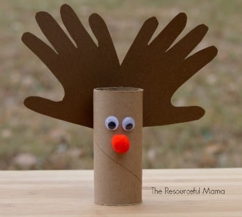 reindeer toilet roll craft with handprint reindeer antlers