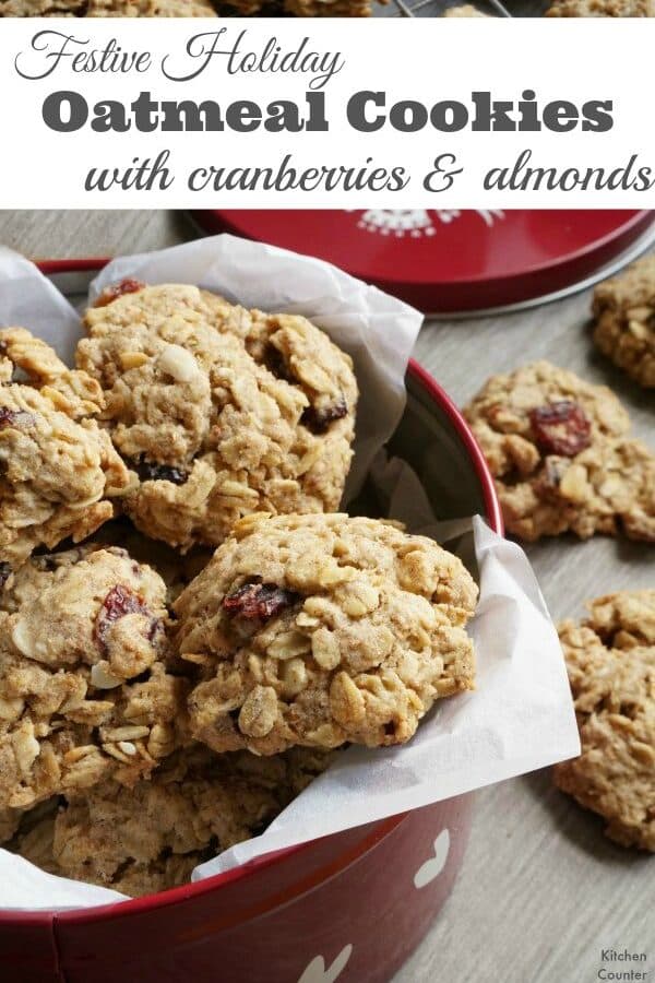 Festive Holiday Oatmeal Cookies - Make and bake these cookies with the kids. A simple and healthy recipe for oatmeal cookies with cranberries and almonds. Made with whole wheat flour and only a small amount of sugar, these cookies are perfect for anytime of the year. | Kids in the Kitchen | Baking with Kids | Oatmeal Cookies | Christmas Cookies |