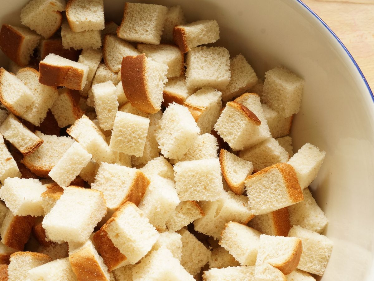 bowl of cubed pieces of bread for bread pudding