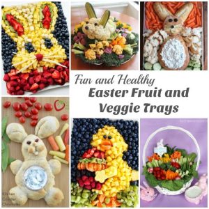 collage of six easter fruit and veggie trays
