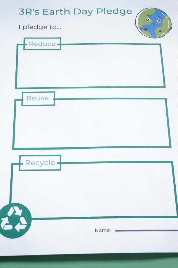 earth day activity for kids 3R's earth day pledge printed on paper