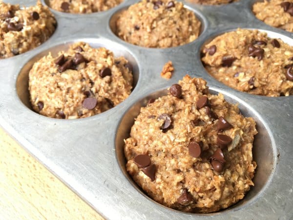 banana bran chocolate chip muffin in tin