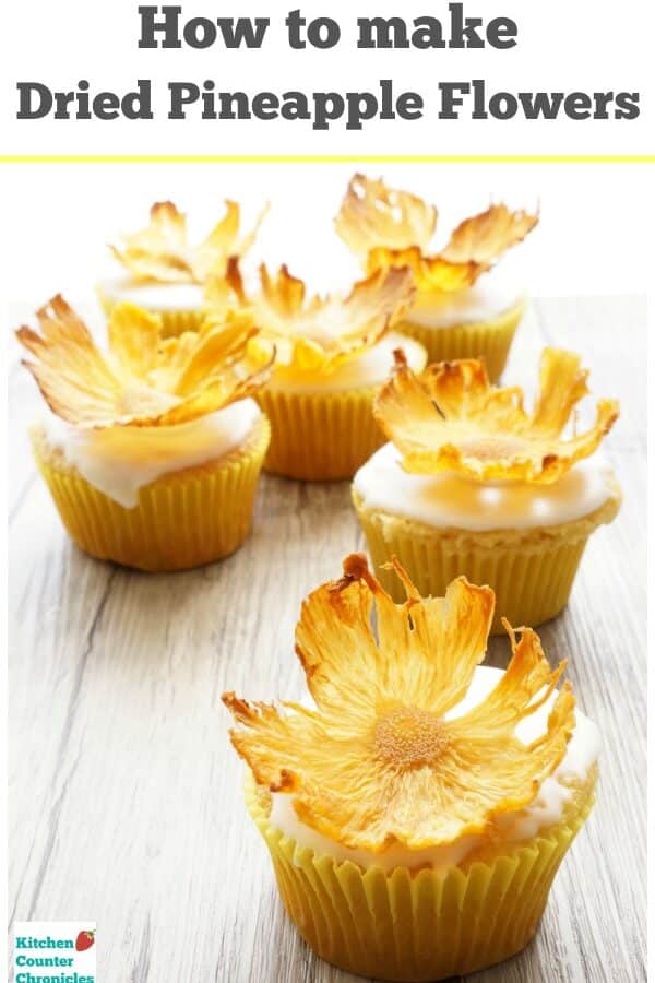How to make dried pineapple flowers - These stunning dried pineapple flowers are simple to make and delicious to eat. Show stopping cake topper for birthday cake, wedding cake or simple cupcakes. | Dessert Recipe | Dried Fruit Recipe | Wedding Cake Recipe | Mother's Day Recipe | Pineapple Recipe |
