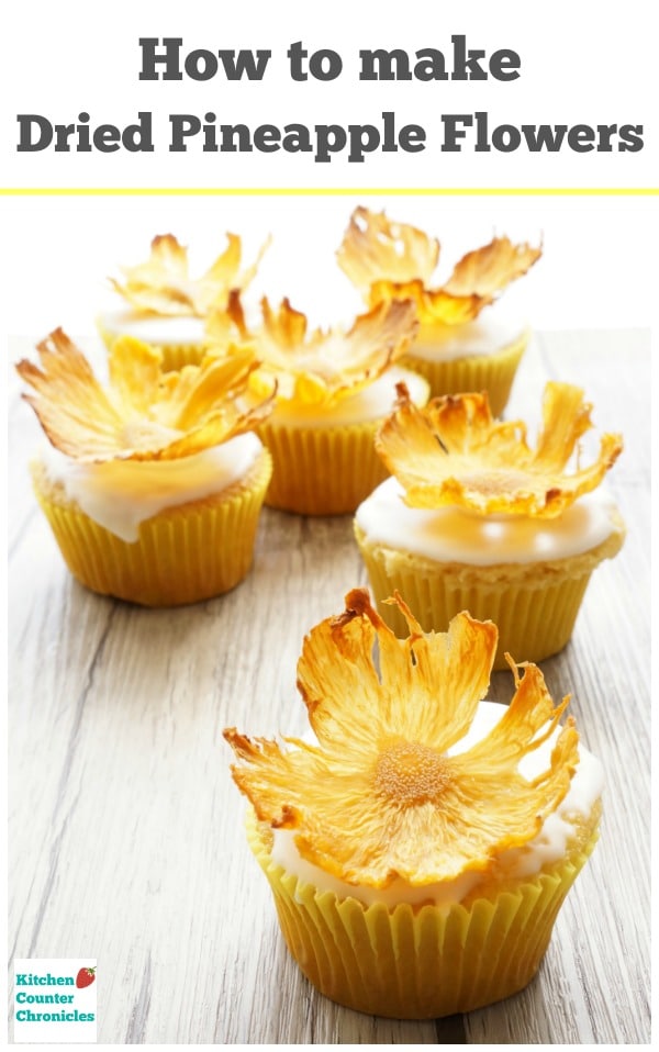 How to make dried pineapple flowers - These stunning dried pineapple flowers are simple to make and delicious to eat. Show stopping cake topper for birthday cake, wedding cake or simple cupcakes. | Dessert Recipe | Dried Fruit Recipe | Wedding Cake Recipe | Mother's Day Recipe | Pineapple Recipe |