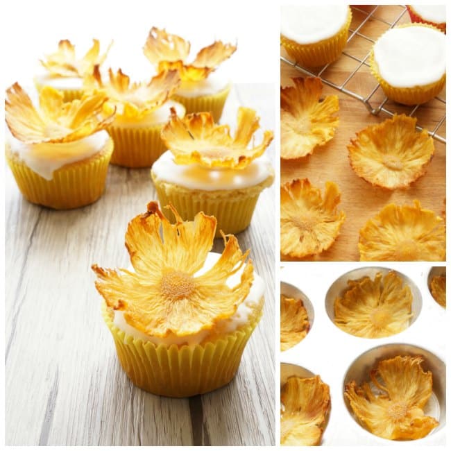 dried pineapple flowers on cupcakes