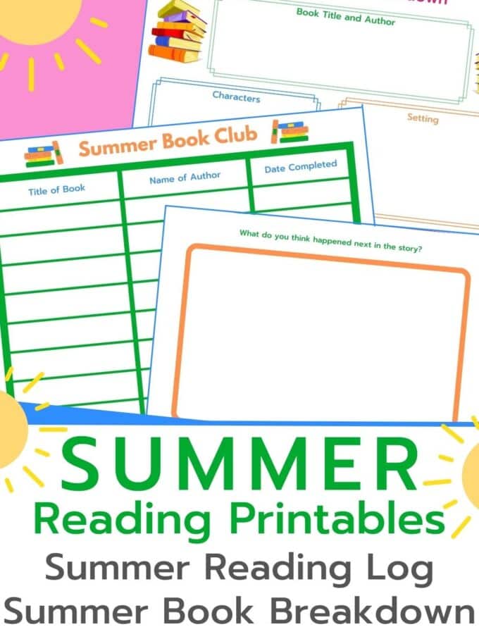 3 summer reading printables for kids printed out with title