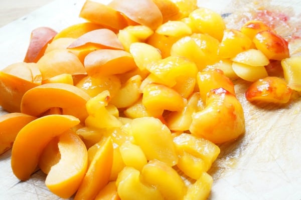 chopped and peeled plums and apricots