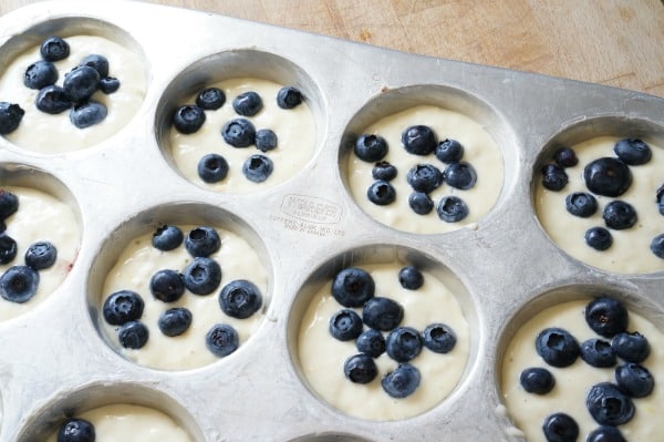 lemon blueberry pancake muffins unbaked in tin