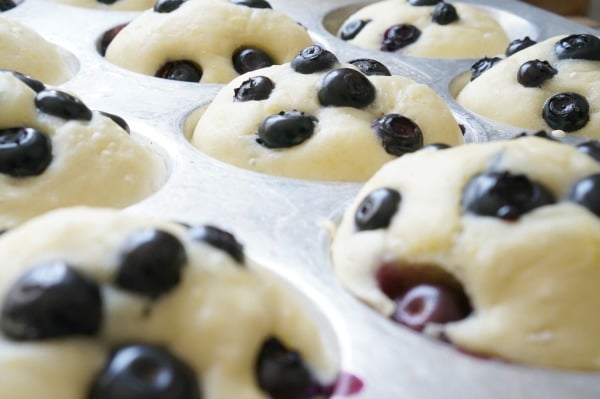 lemon blueberry pancake muffins baked in tin