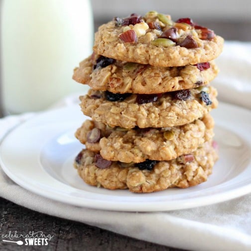 stack of oatmeal trail mix cookies