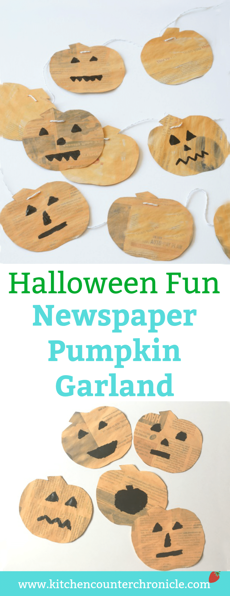 Newspaper Pumpkin Garland - Make a big pile of silly jack-o-lanterns with the kids and hang garlands all over the house for Halloween and Thanksgiving. | Pumpkin Craft for Kids | Halloween Garland | Halloween Craft for Kids | Thanksgiving Craft for Kids |