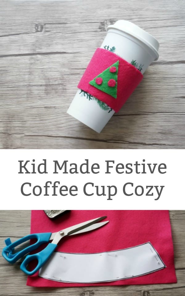 Festive Kid Made Coffee Cup Cozy - A fun christmas gift for kids to make for teachers and family. Includes free printable template. | #freeprintable #simplesewingforkids #christmas #kidmadegifts #christmaskid #christmaskidgift