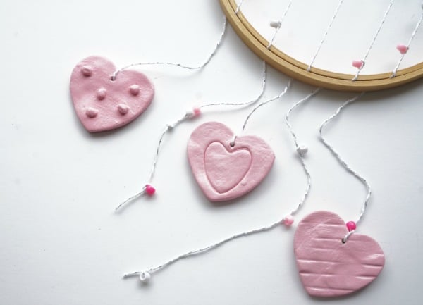 clay hearts with hoop and string