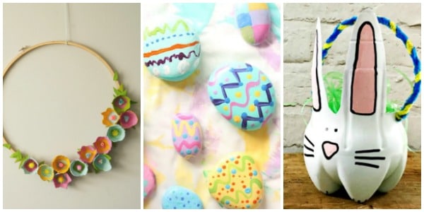 easter crafts for tweens - egg carton flower wreath, easter egg rocks, pop bottle easter bunny basket