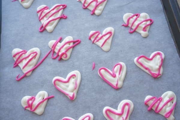 white chocolate hearts with pink chocolate squiggles
