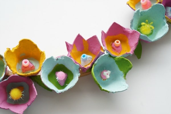 close up of egg carton flowers