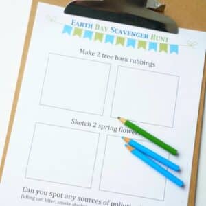 earth day scavenger hunt printed out and on clipboard