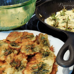 dandelion fritter recipe and fritters on a plate