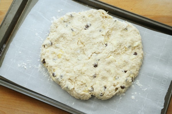 banana bread scones unbaked on baking sheet