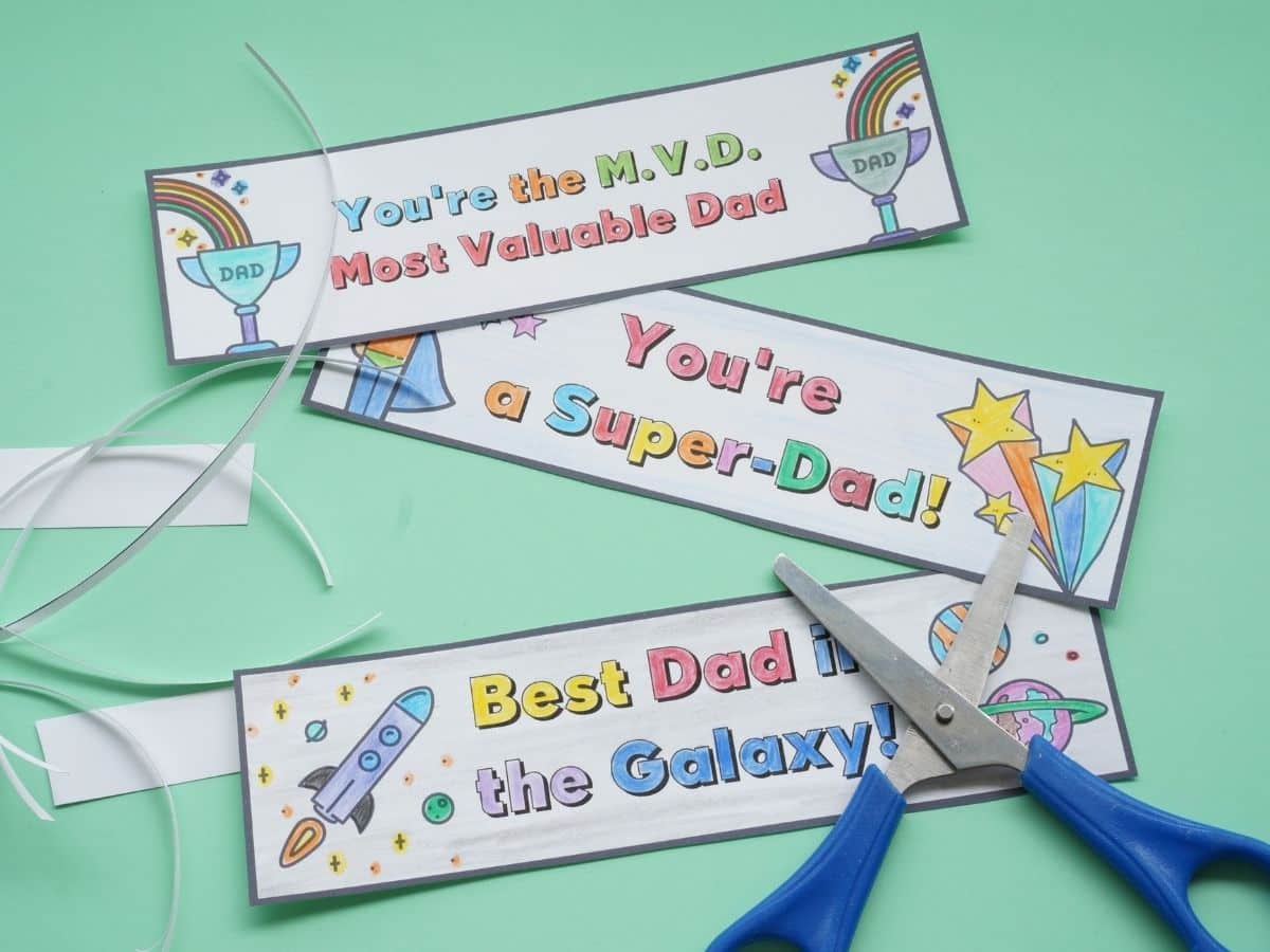 father's day bookmarks to color cut out with pair of scissors