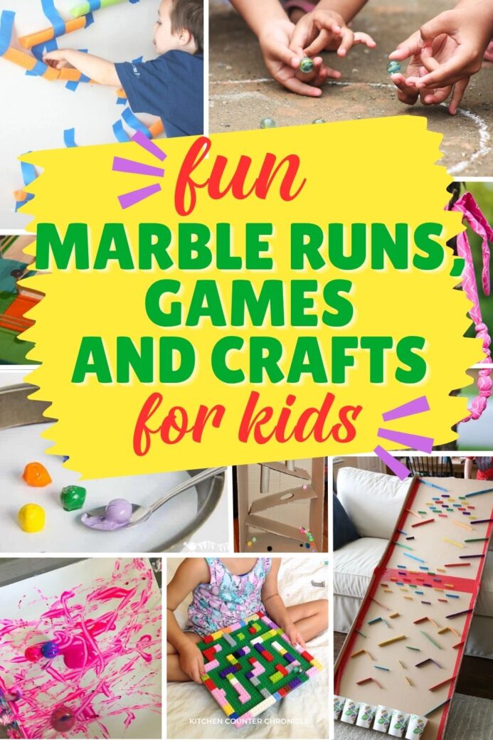 collage of marble runs, game of marbles, and marble painting activities for kids new pin