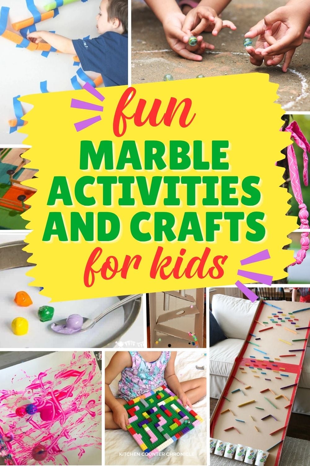 collage of marble runs, game of marbles, and marble painting activities for kids new pin