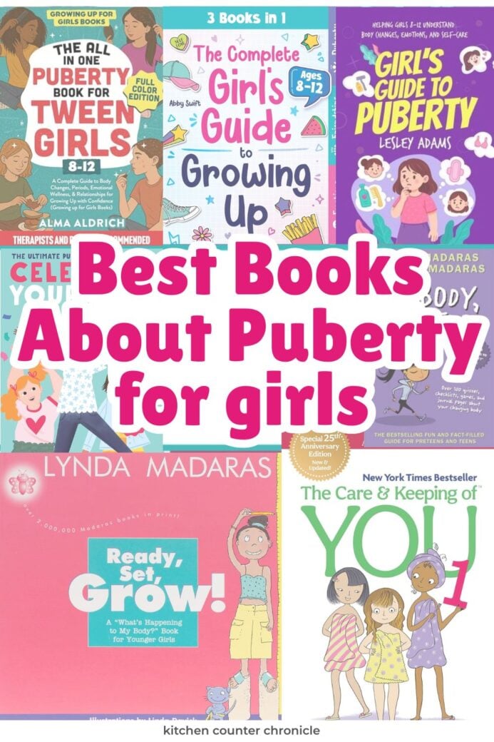collage of the book covers of the best puberty books for girls
