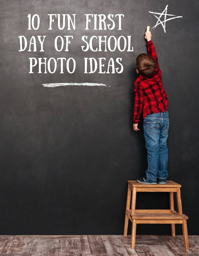 first day of school photo ideas with kid on stool writing on chalkboard