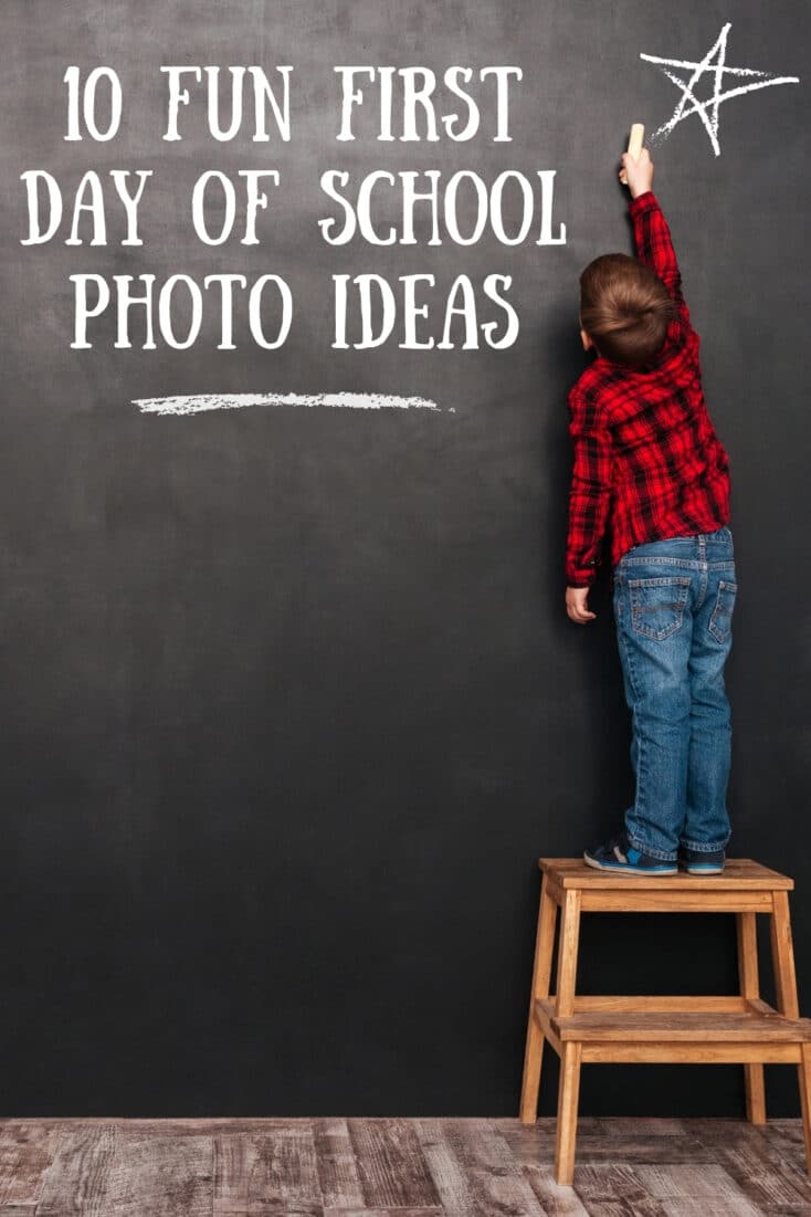 kid on stool writing on chalkboard fun first day of school photo ideas