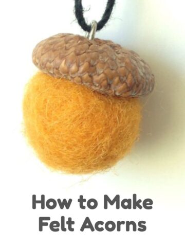 close up of diy felt acorn on necklace with title how to make felt acorns