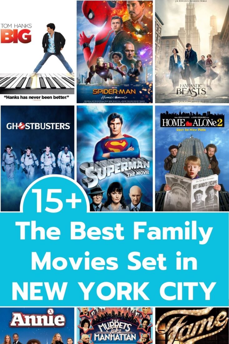 collage of DVD covers of the 15+ Best family movies set in New York City