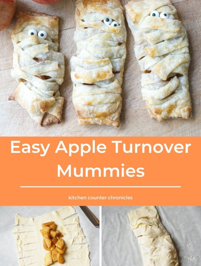 Easy Apple Turnover Mummies on cutting board with apples and title