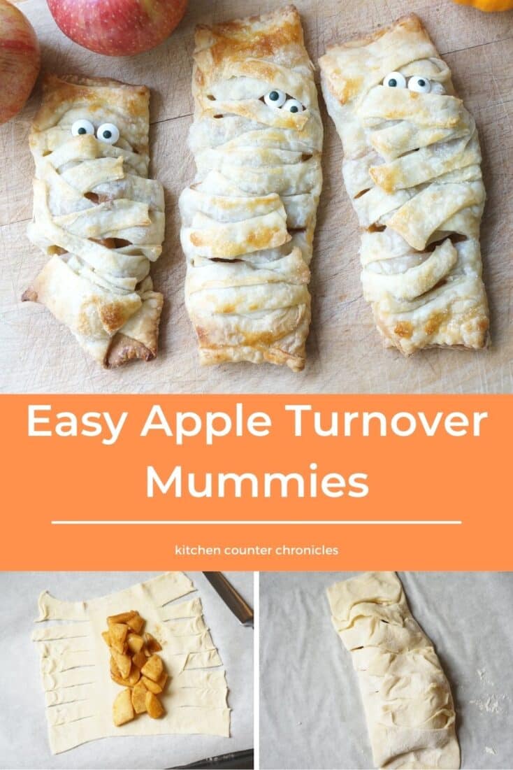 Easy Apple Turnover Mummies on cutting board with apples and title