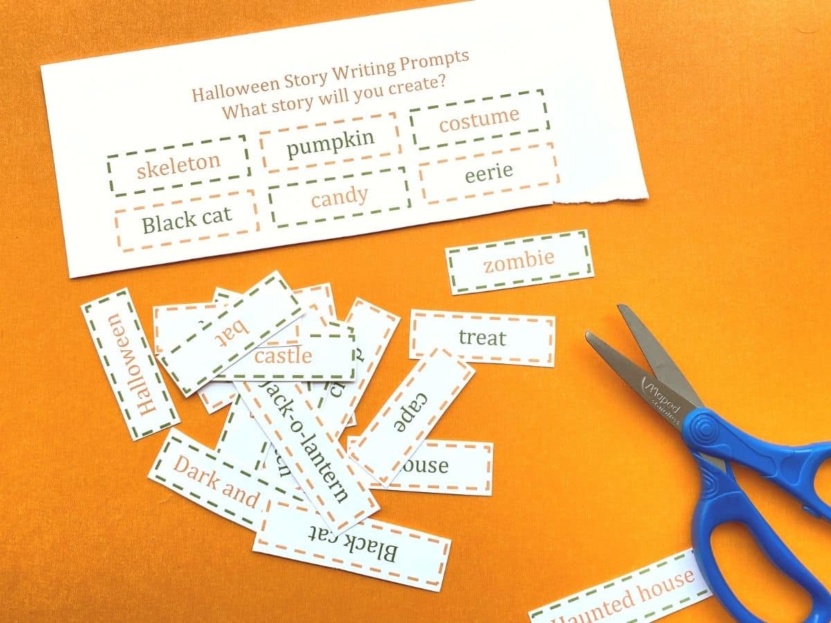 halloween story writing prompts for kids printed with scissors