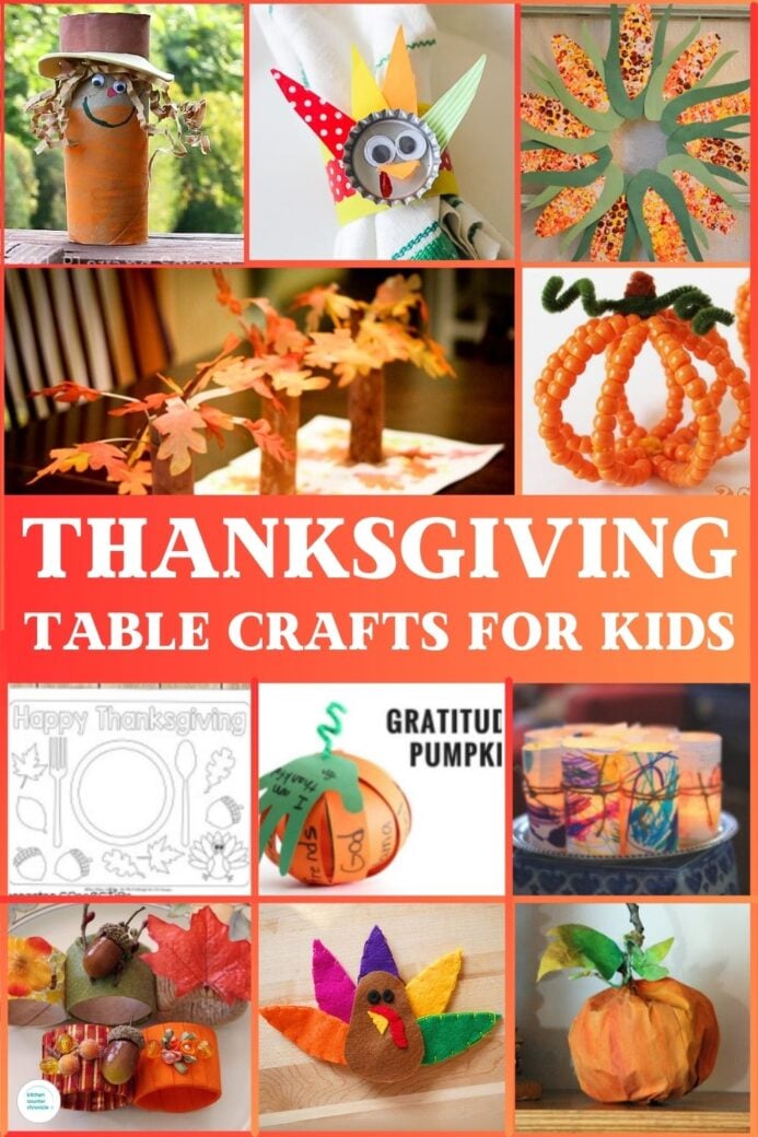 collage of Thanksgiving table crafts for kids to make - napkin rings, centrepieces and more