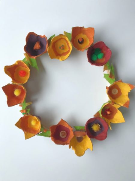 autumn flower wreath made from egg carton