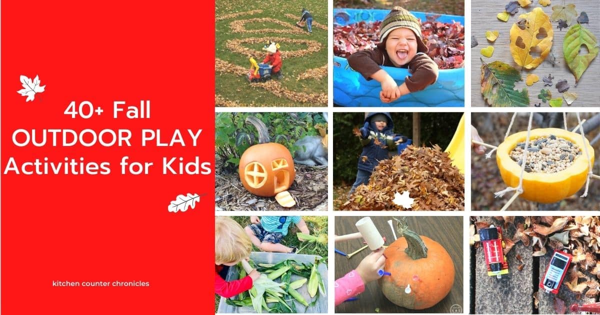 fall outdoor play activities for kids title and 9 pictures of kids in leaves and pumpkin crafts